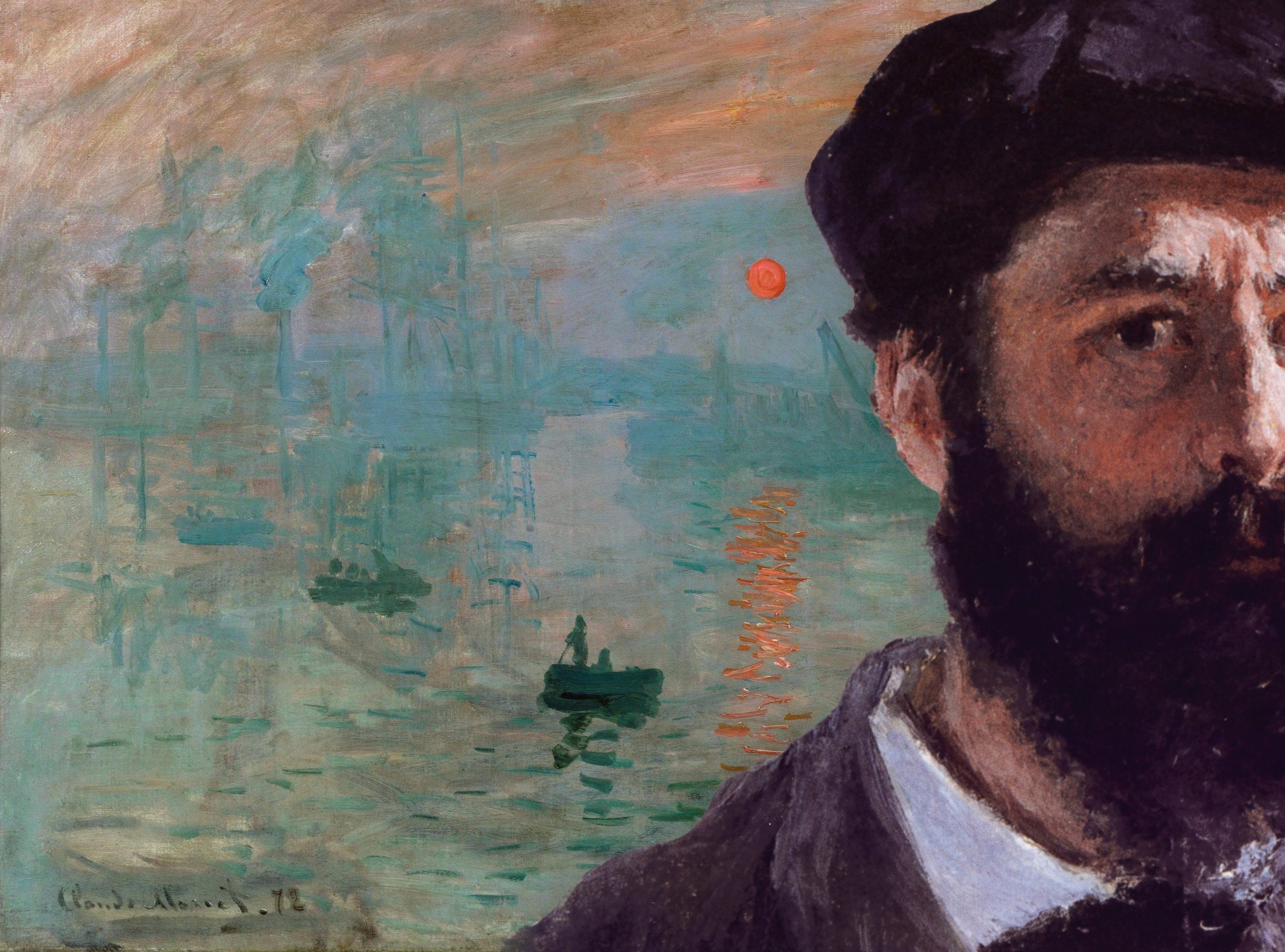 클로드 모네의 자화상(1886)과 인상, 해돋이(1872)를 겹친 MONET 100 키비주얼